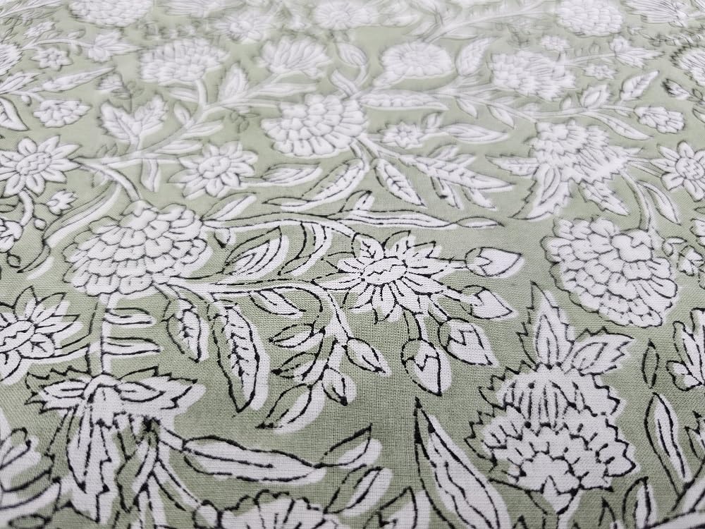 Green Hand Block Printed Indian Natural Cotton Jaipuri Print Sanganeri Kurti Print Fabric by The Yard (3 Yard)