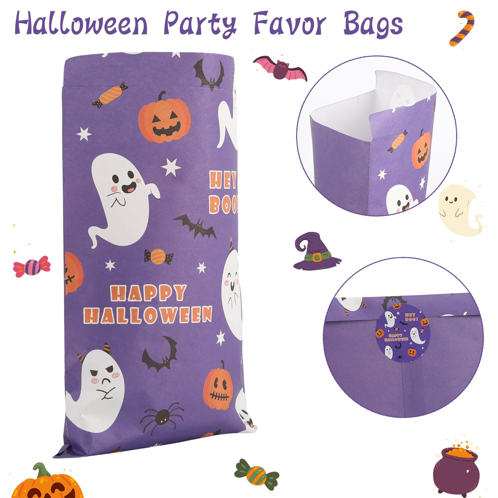 GURVOCY Halloween Paper Treat Bags - 24PCS Halloween Goodie Bags with Stickers for Kids, Halloween Candy Bags, Halloween Party Favor Bags Decorations