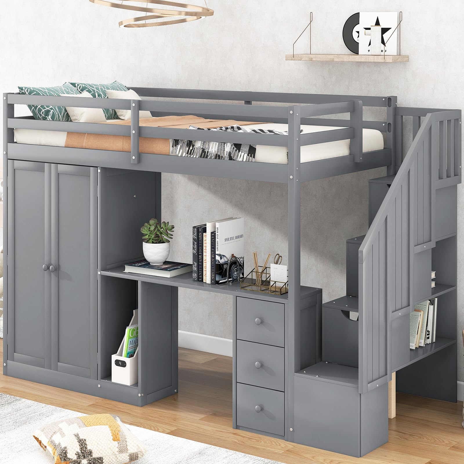 Harper & Bright Designs Twin Loft Bed with Stairs,Desk and Wardrobe, Solid Wood Loft Bed Frame with Storage Drawers, Cabinet, for Kids Teens Adults (Twin Size, Gray)