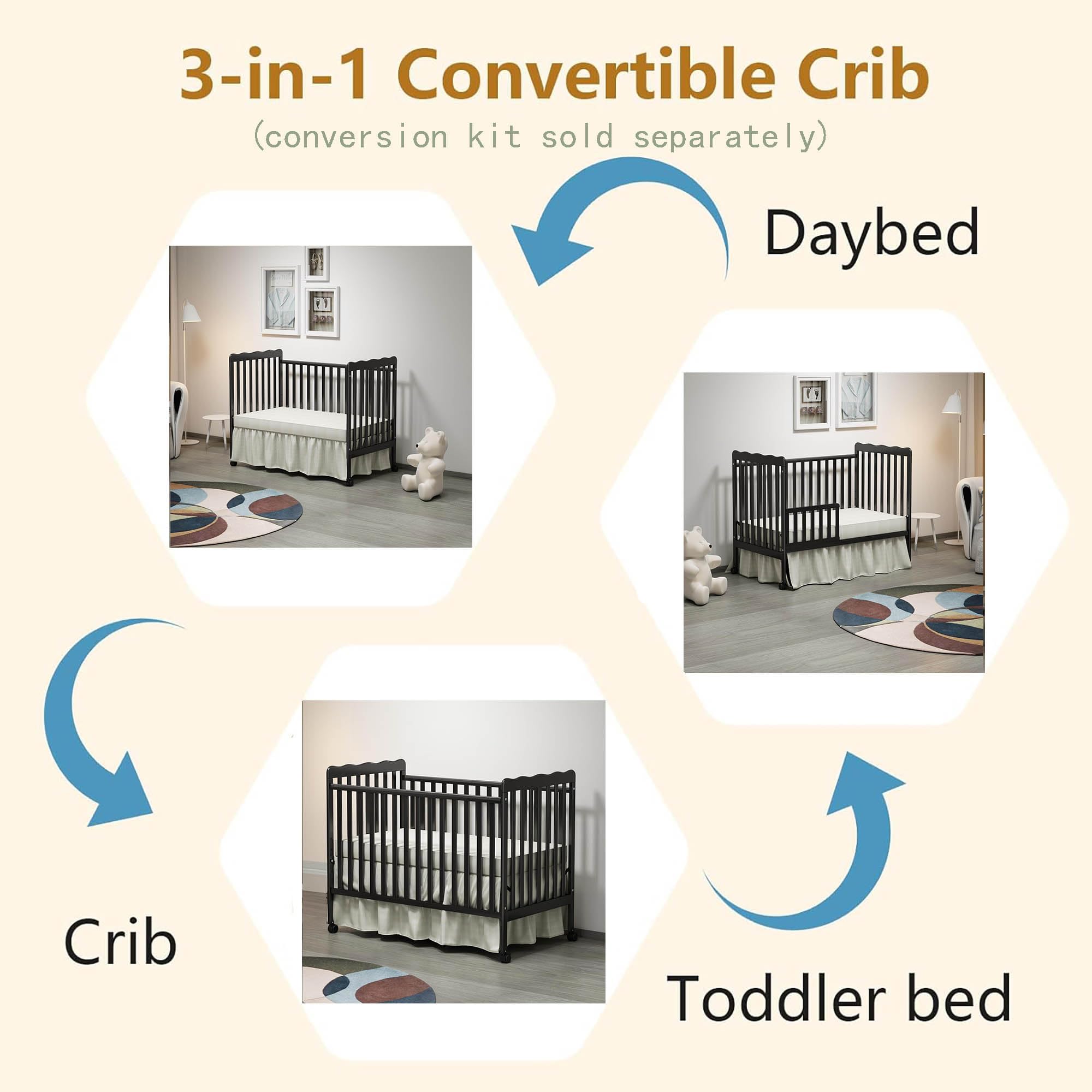 HIROHRTV Baby Crib 3-in-1 Convertible, Modern Baby Bed with Locking Wheels, Convertible Crib to Toddler Bed & Daybed, Wood Cribs for Baby, Nursery, Infant Bed for Small Spaces (Black)