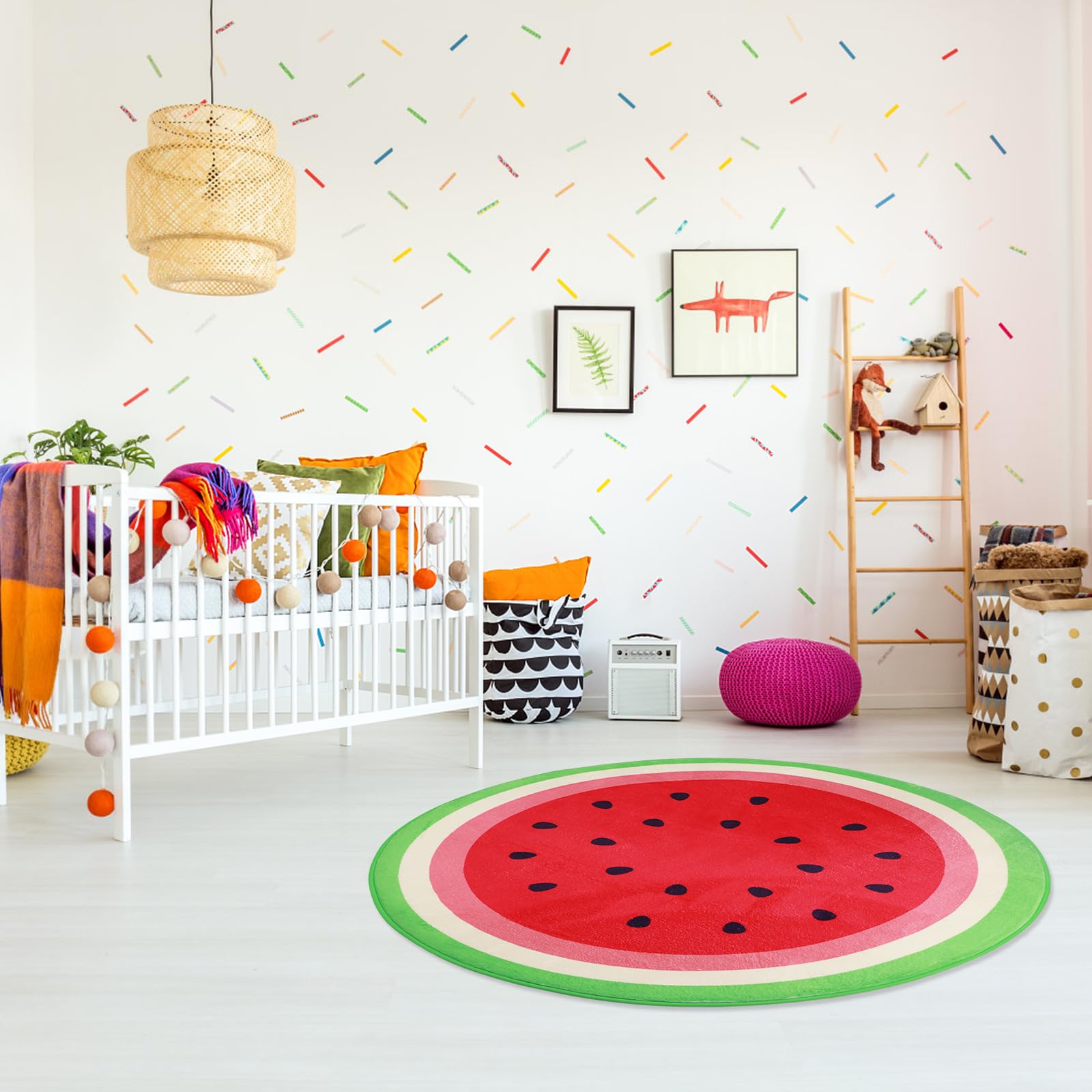 3ft Round Watermelon Rug - Fruit Rug, Memory Foam Circle Rug for Kids Room, Non-Slip Round Carpet, Soft Area Rug for Bedroom, Nursery, Playroom, Classroom, Room Decor