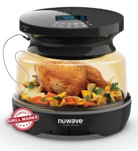 nuwave infra-red primo grill oven, integrated smart thermometer, nonstick grill bottom & convection top for surround cooking, cook fresh or frozen, durable power dome included