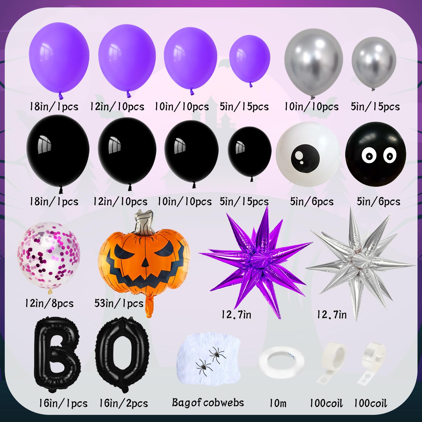 156Pcs Halloween Balloons Arch Garland Kit, Halloween Birthday Party Decoration with Purple Silver Pumpkin Balloon Spider Web Bat Decoration for Halloween Baby Shower Scary Halloween Decoration