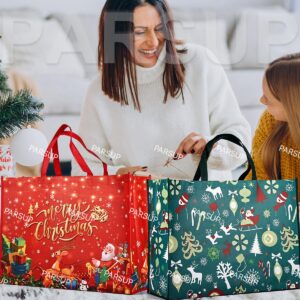 PARSUP 2PCS Giant Christmas Gift Bags, Heavy Duty Treat Tote Grocery Bags with Handles, Sewing Non-Woven Jumbo Bags for Gifts Wrapping Shopping, Xmas Party Supplies, 21.26"×15.7"×7.9"