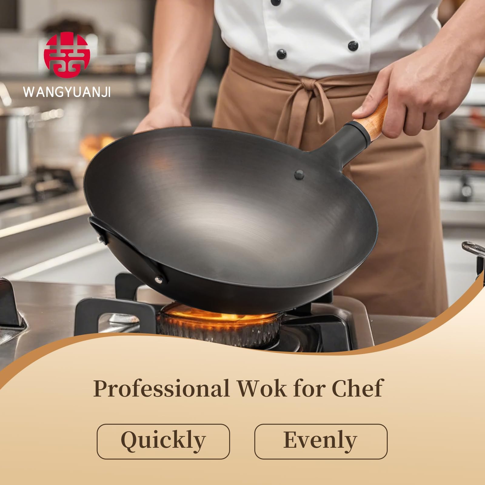 WANGYUANJI Iron Wok, 14.17’’ Traditional Round-Bottom Wok, Chef’s Professional Stir-Fry Pan with Wooden Handle, Chemical-Free Iron Wok for Gas Stoves and Round-Bottom Induction Stovetop