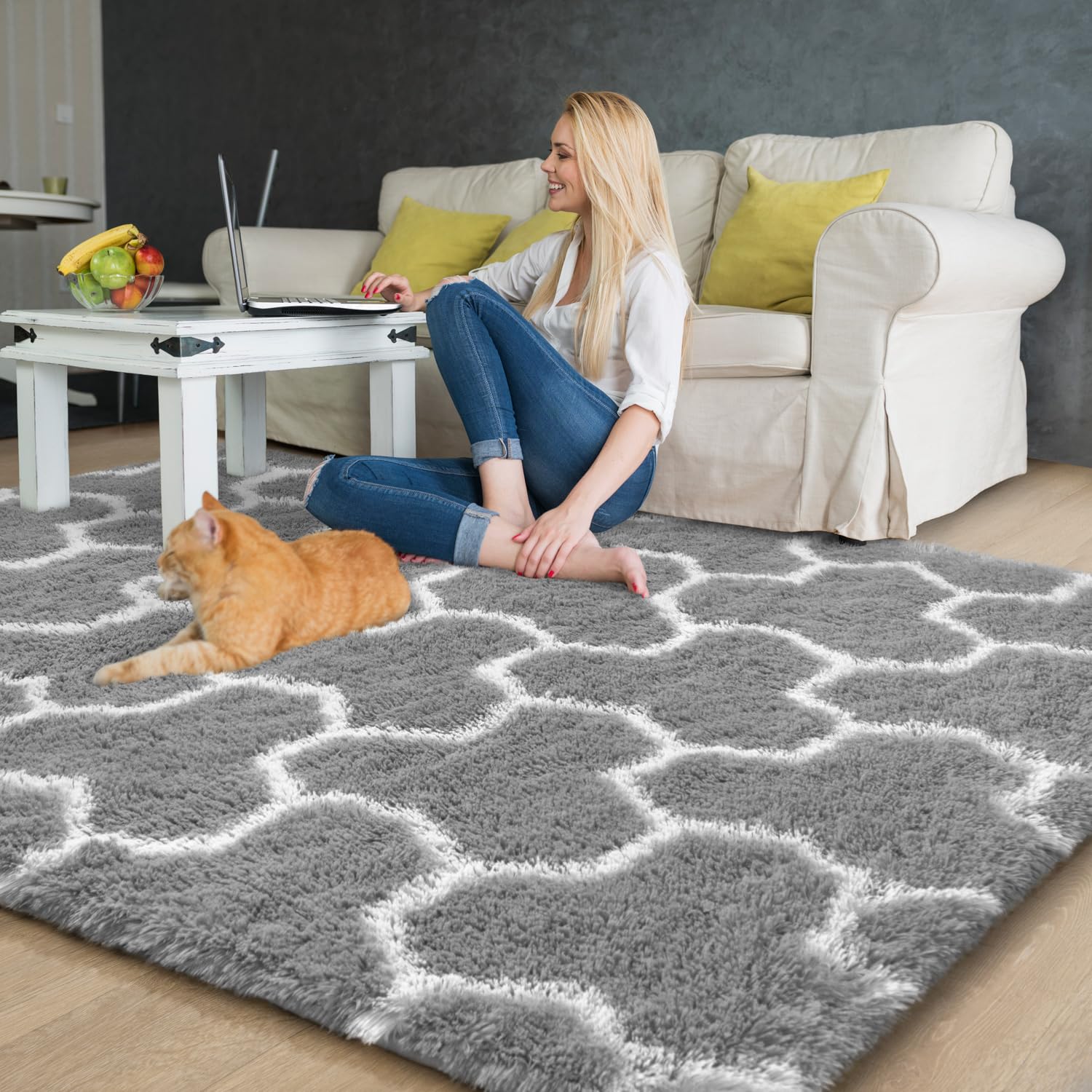 EVOIONOS Grey White Area Rugs for Living Room, 3x5 Feet Fluffy Geometric Rug for Bedroom, Plush Shaggy Soft Indoor Floor Carpet for Kids Room Home Decor, Upgrade Non Slip Washable Aesthetic Gray Rug