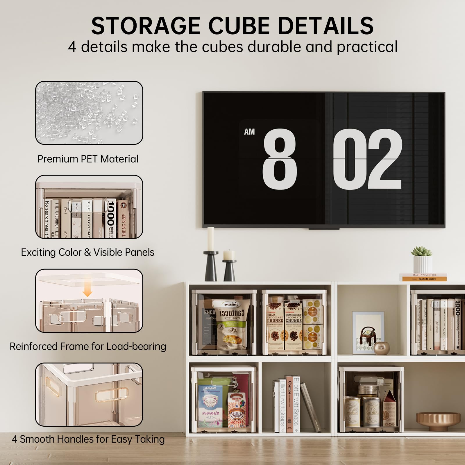 HAIXIN Storage Cubes for Cube Organizer - Collapsible Cubby Bins Open Storage Bins Transparent Organizer Cubes Plastic Storage Baskets for Closet Shelf Playroom, 4 Pack (Beige, 10.5 inch)