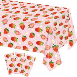 linhaxm 3 pack strawberry tablecloths strawberry birthday plastic table cover for strawberry birthday decorations strawberry baby shower party decorations, 54 x 108 inch