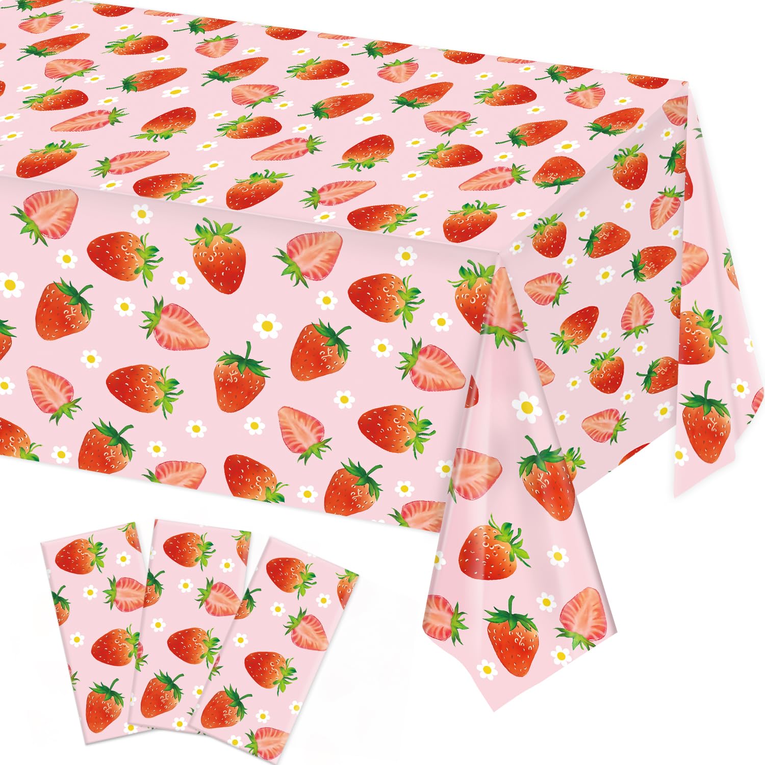 LINHAXM 3 Pack Strawberry Tablecloths Strawberry Birthday Plastic Table Cover for Strawberry Birthday Decorations Strawberry Baby Shower Party Decorations, 54 x 108 Inch