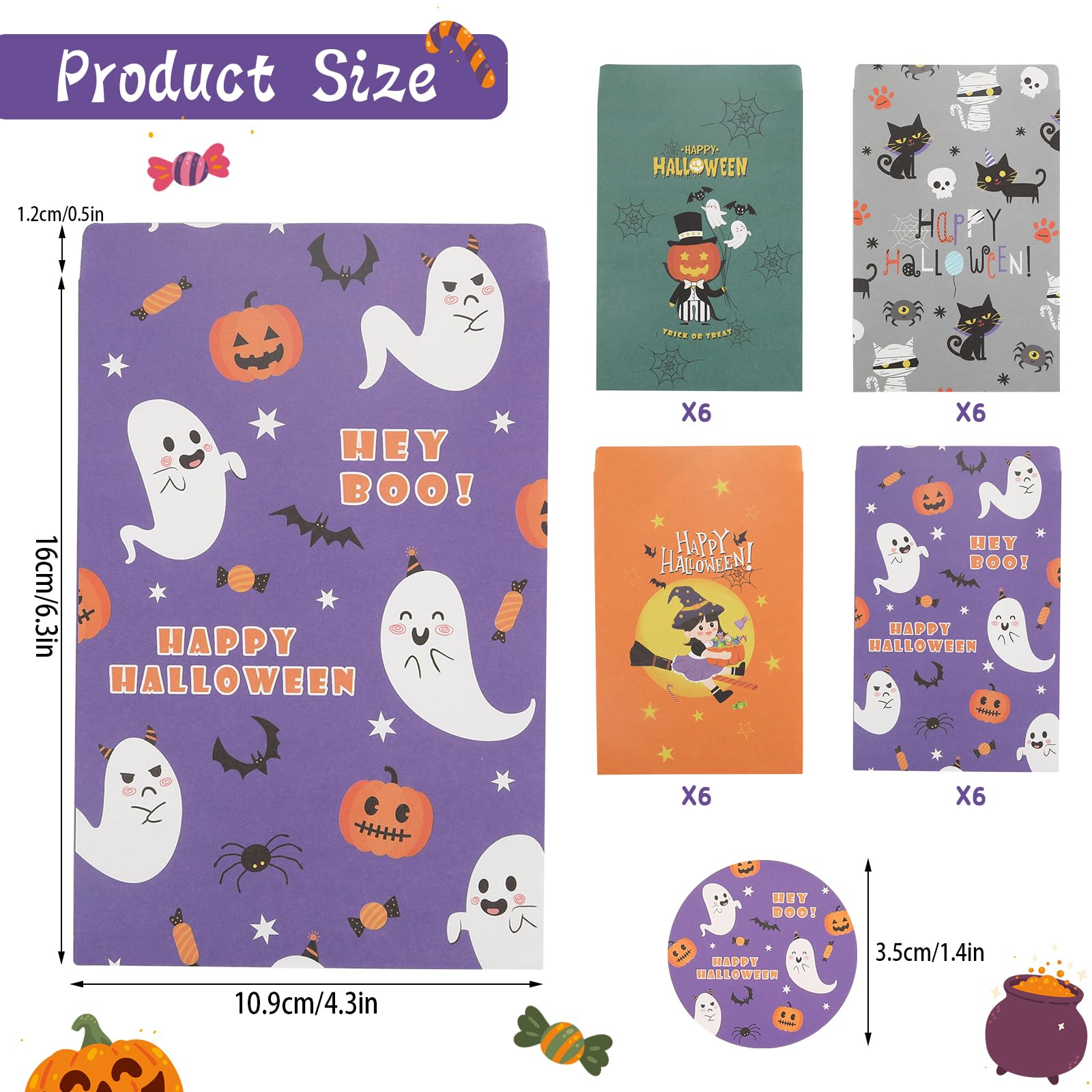 GURVOCY Halloween Paper Treat Bags - 24PCS Halloween Goodie Bags with Stickers for Kids, Halloween Candy Bags, Halloween Party Favor Bags Decorations