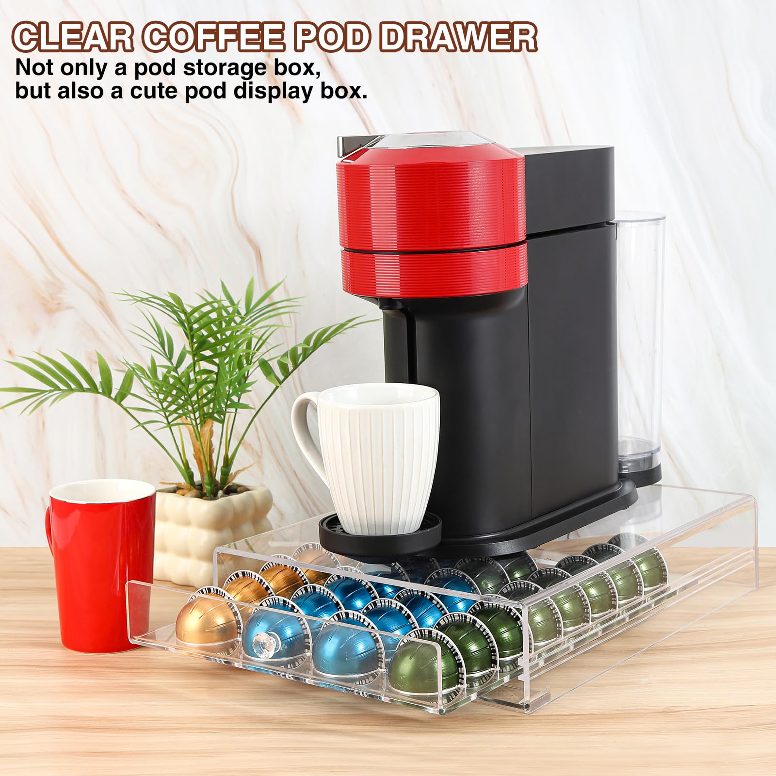 XronSlute for Nespresso Pods Holder,Vertuo Pod Holder,Acrylic 32 Large Pod Organizer,Clear Coffee Pod Capsule Drawer