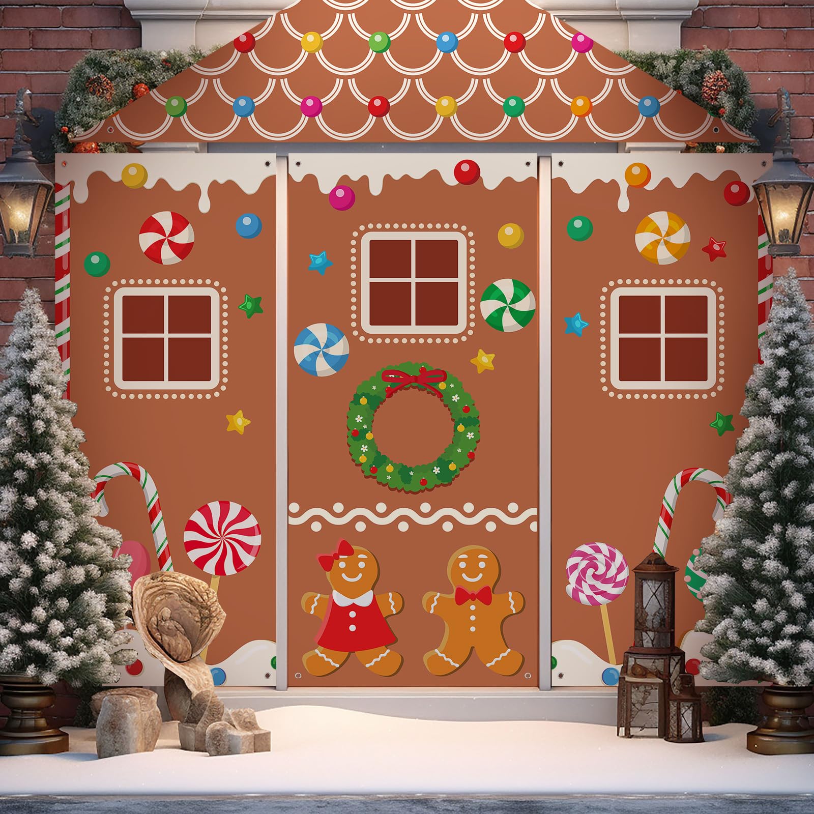 VitalCozy 4 Pcs Christmas Gingerbread Door Decorations Xmas Gingerbread House Backdrop Gingerbread Candy Door Covers Christmas Hanging Banner Porch Sign for Holiday Classroom Office Home Party Decor