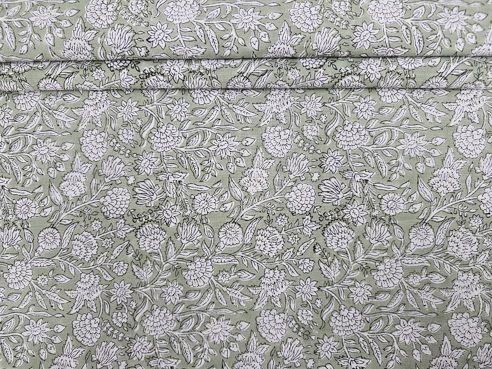 Green Hand Block Printed Indian Natural Cotton Jaipuri Print Sanganeri Kurti Print Fabric by The Yard (3 Yard)