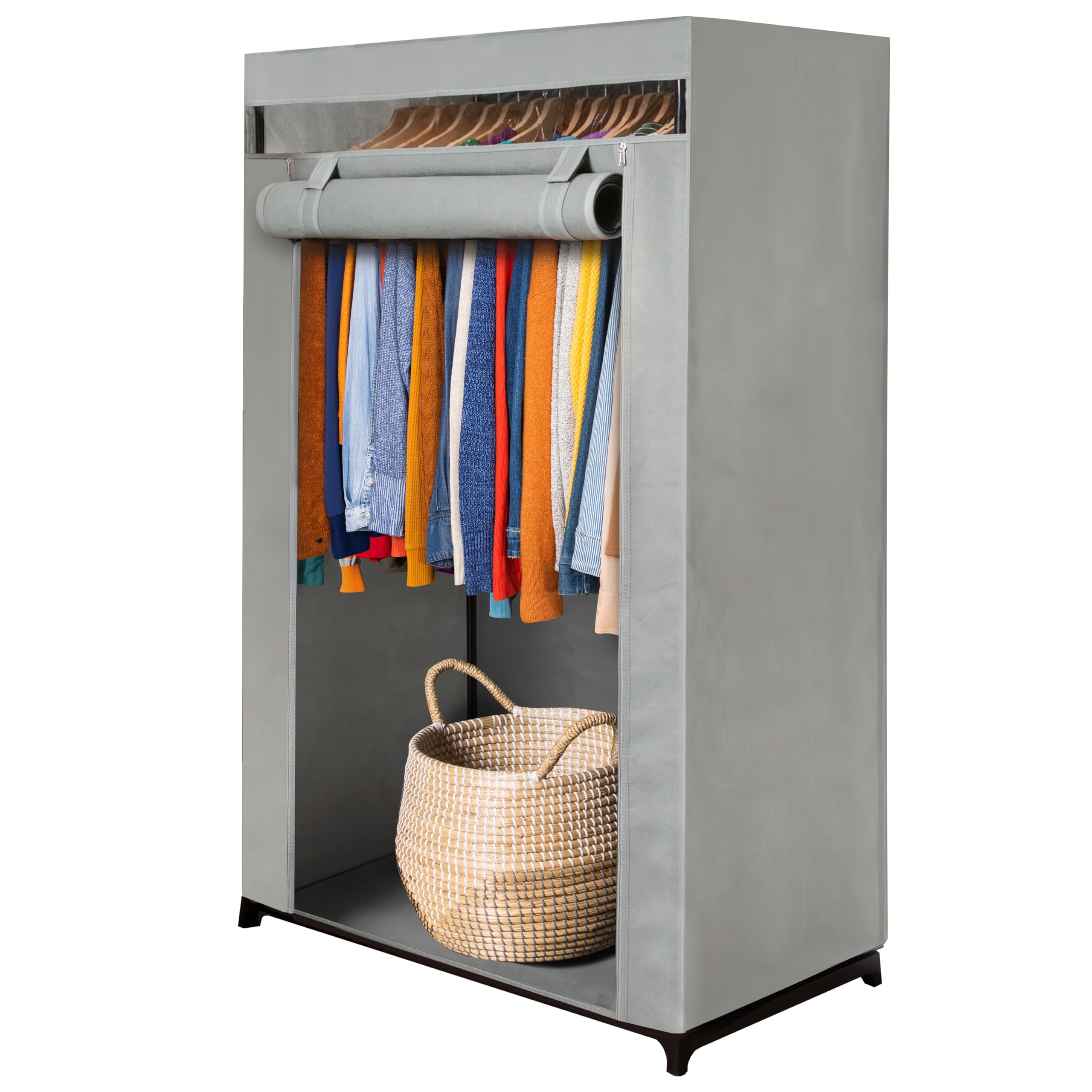 HOLDN’ STORAGE Portable Wardrobe Closet - Premium Metal Hanging Rod with Beige Cover- 65 Lb. Weight Capacity- Super Easy Assembly, No Tools Required (Dark Gray)