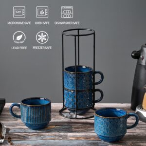 JH JIEMEI HOME Large Ceramic Coffee Mug Set of 4 with Stand, 15 Oz Stackable Different Embossment Ribbed Latte Cup Set for Cappuccino, Tea, Hot Cocoa, Drinks - Dishwasher & Microwave Safe, Blue