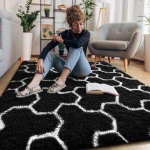 EVOIONOS Black White Area Rugs for Living Room, 3x5 Feet Fluffy Geometric Rug for Bedroom, Plush Shaggy Soft Indoor Floor Carpet for Kids Room Home Decor, Upgrade Non Slip Washable Aesthetic Rug