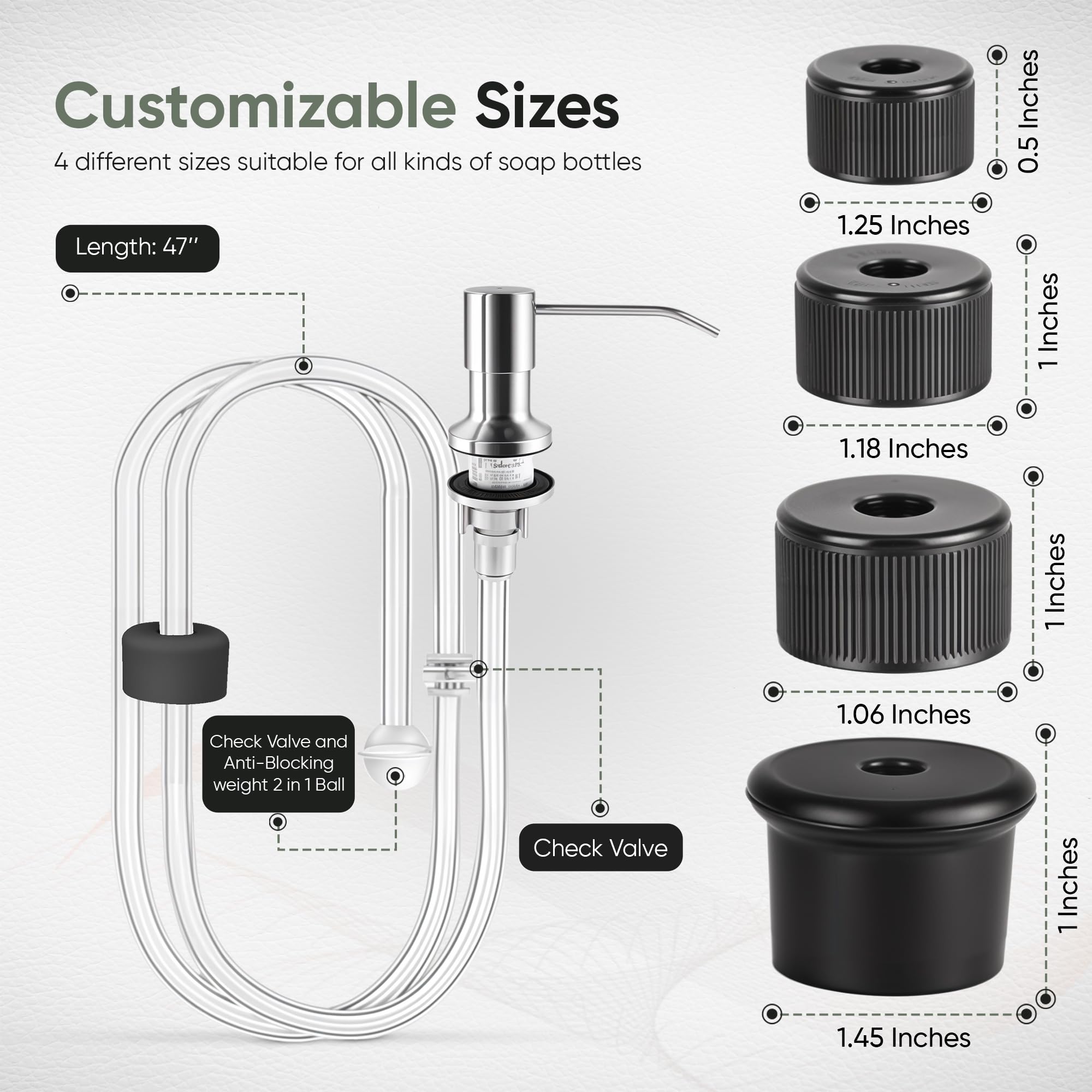 Strictly Sinks Soap Dispenser Extension Tube Kit - 47″ Under Sink Soap Dispenser Extension Tube Kit with Check Valve, Powerful Suction-No Backflow, with 4-Different Sizes for All Soap Bottles