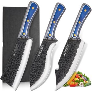 kitnats 3pcs kitchen knife set, hand forged butcher knife set - chef knife & butcher knife &tactical chopper knife, meat cutting cleaver knife set for home camping bbq ideal gifts