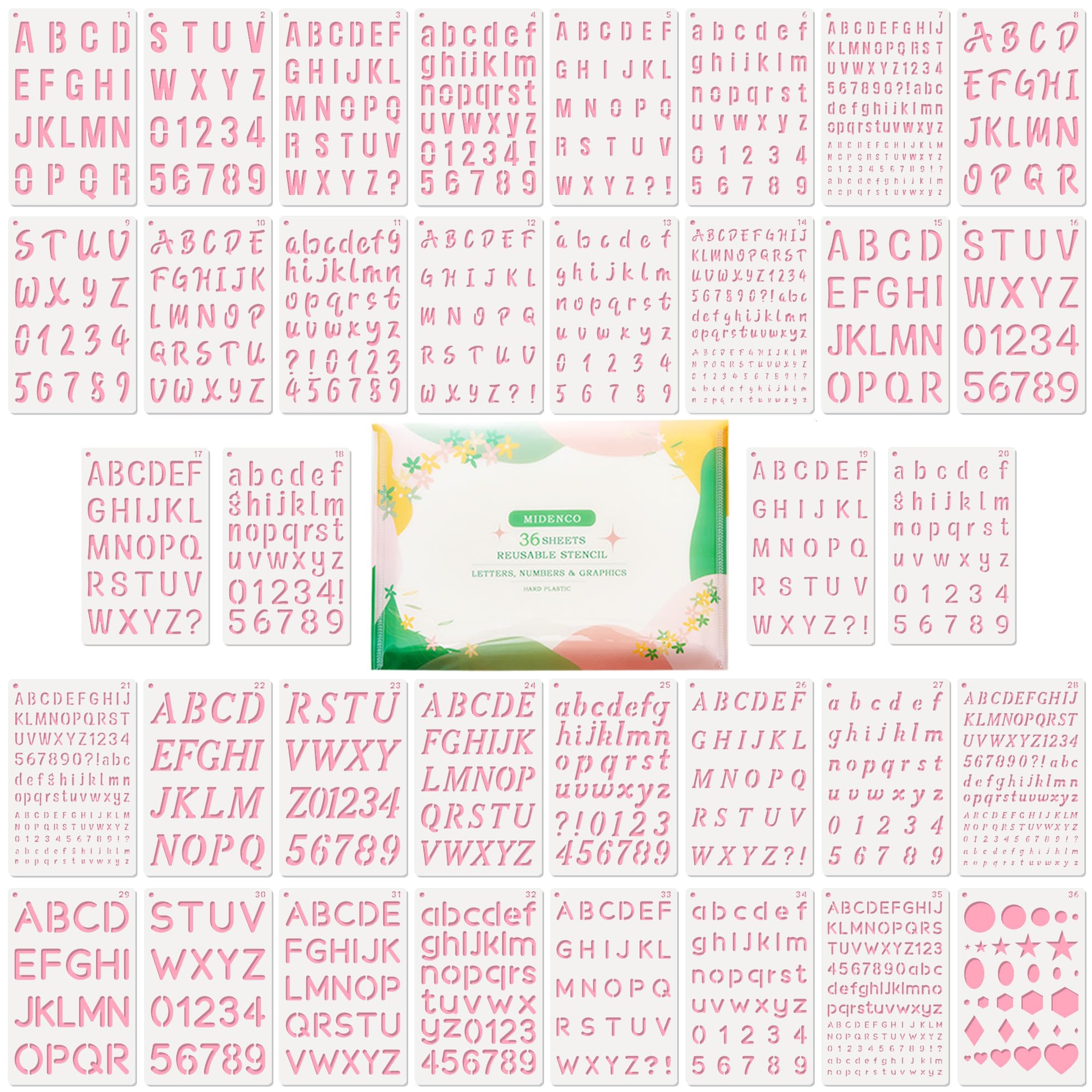 1/4, 1/2, 3/4, 1, 5/4 Inch Letter Stencils for Painting – 36 PCS (5.1 X 7.9 Inch) Plastic Stencils for Crafts Reusable - Small Number and Alphabet Stencils