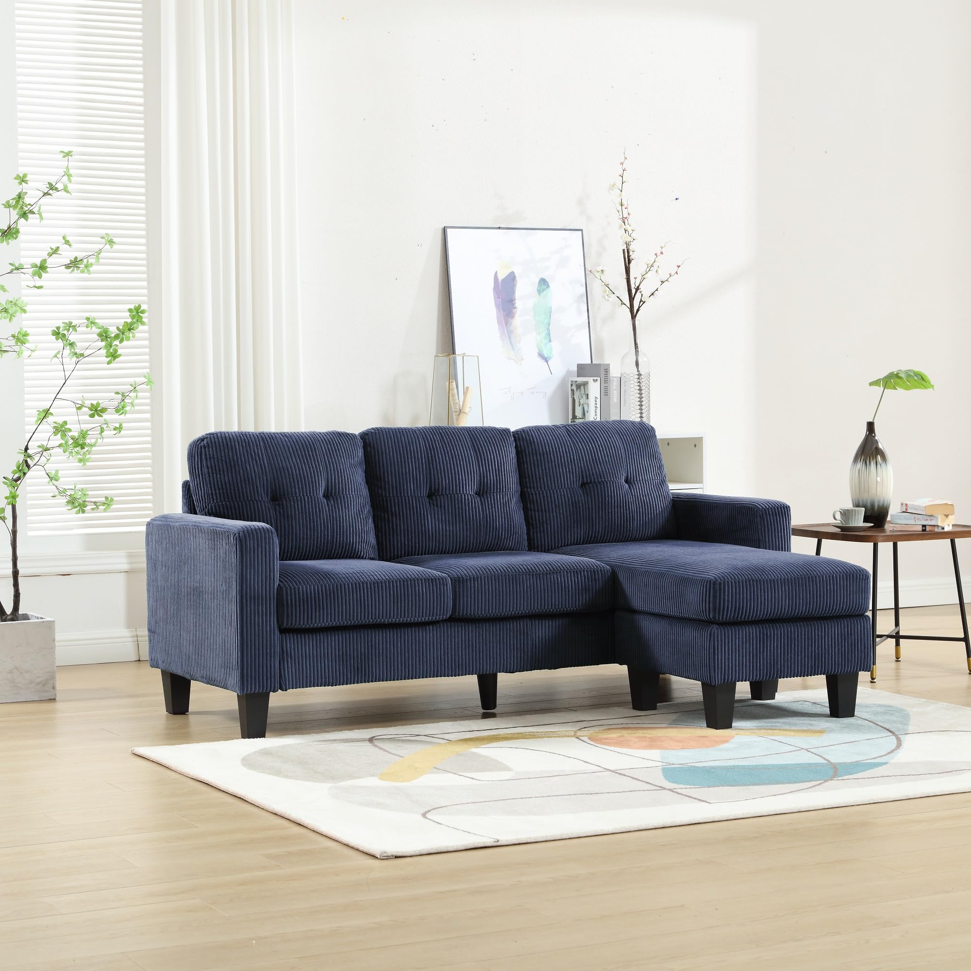 DERCASS Velvet Sectional Couch with Reversible Chaise, L Shaped Sofa with Ottoman and Wood Legs for Small Apartment (Navy)