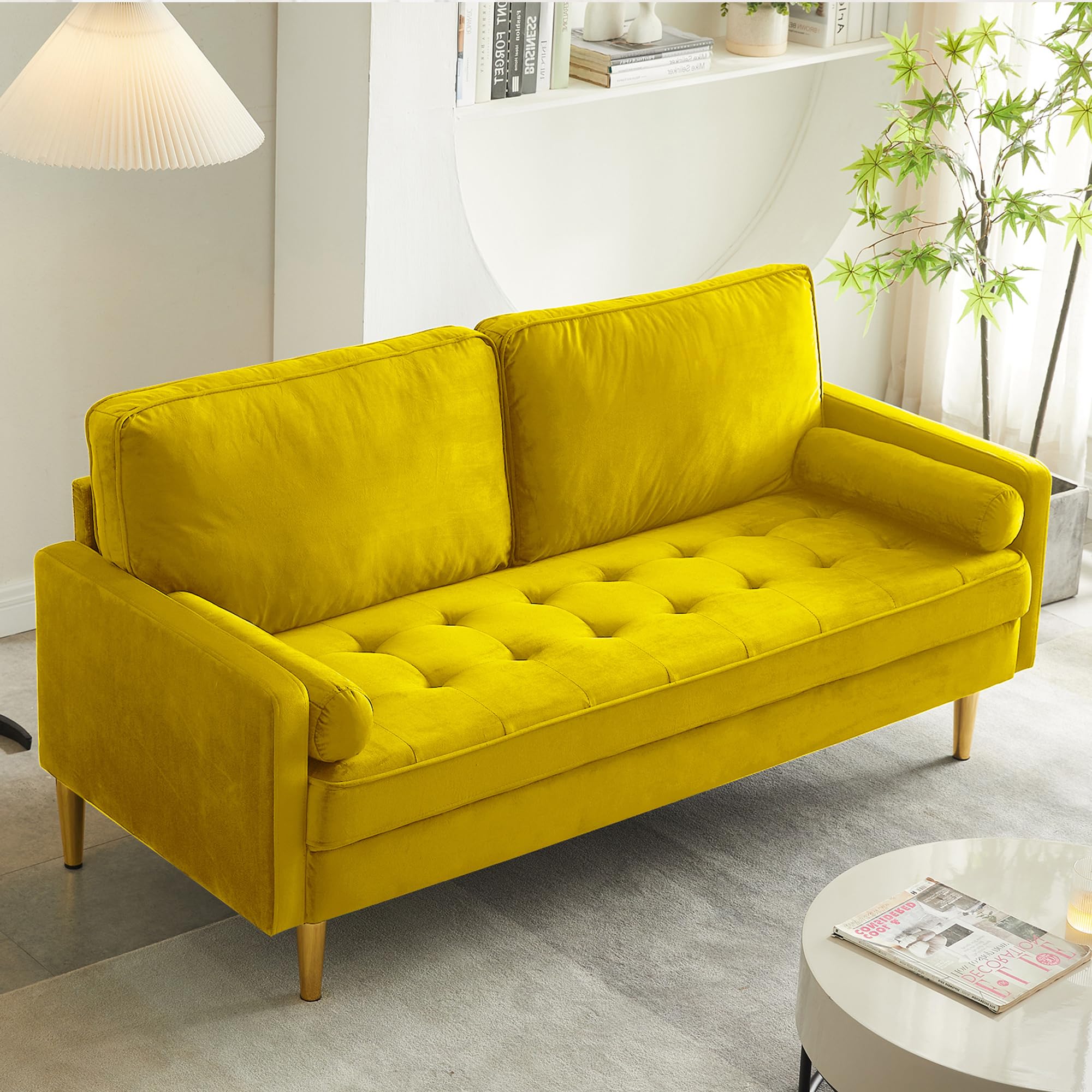 SZLIZCCC 67" LoveSeat Sofa, Love Seat Couch, Mid Century Modern Couchs Velvet Fabric Pull Dot Design Sofas with Two Round Pillows for Small Spaces, Living Room, Dorm, Bedroom, Apartment (67 Yellow)