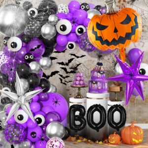 156Pcs Halloween Balloons Arch Garland Kit, Halloween Birthday Party Decoration with Purple Silver Pumpkin Balloon Spider Web Bat Decoration for Halloween Baby Shower Scary Halloween Decoration