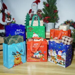 Christmas Gift Bags Tote-Bag with Handles - 12 Pack Reusable Non-Woven Xmas Party Supplies Present Holiday Santa Claus Merry Christmas Pattern for New Year Shopping L9.5"xH10.2"xW4.3" (L24xH26xW11cm)