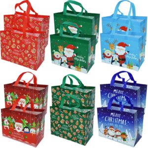 christmas gift bags tote-bag with handles - 12 pack reusable non-woven xmas party supplies presents holiday santa claus merry christmas pattern for new year's shopping l12.6"xh9.8"xw6.7" (32x25x17cm)