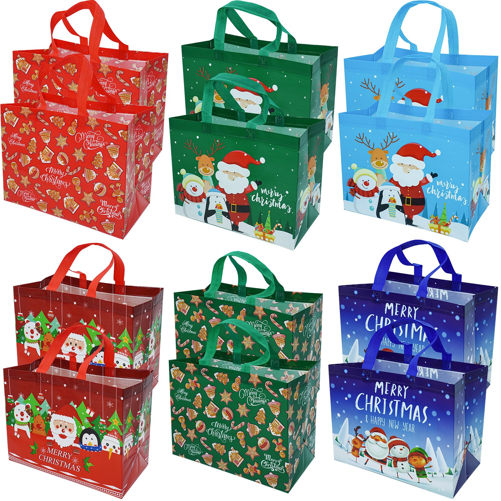 Christmas Gift Bags Tote-Bag with Handles - 12 Pack Reusable Non-Woven Xmas Party Supplies Presents Holiday Santa Claus Merry Christmas Pattern for New Year's Shopping L12.6"xH9.8"xW6.7" (32x25x17cm)