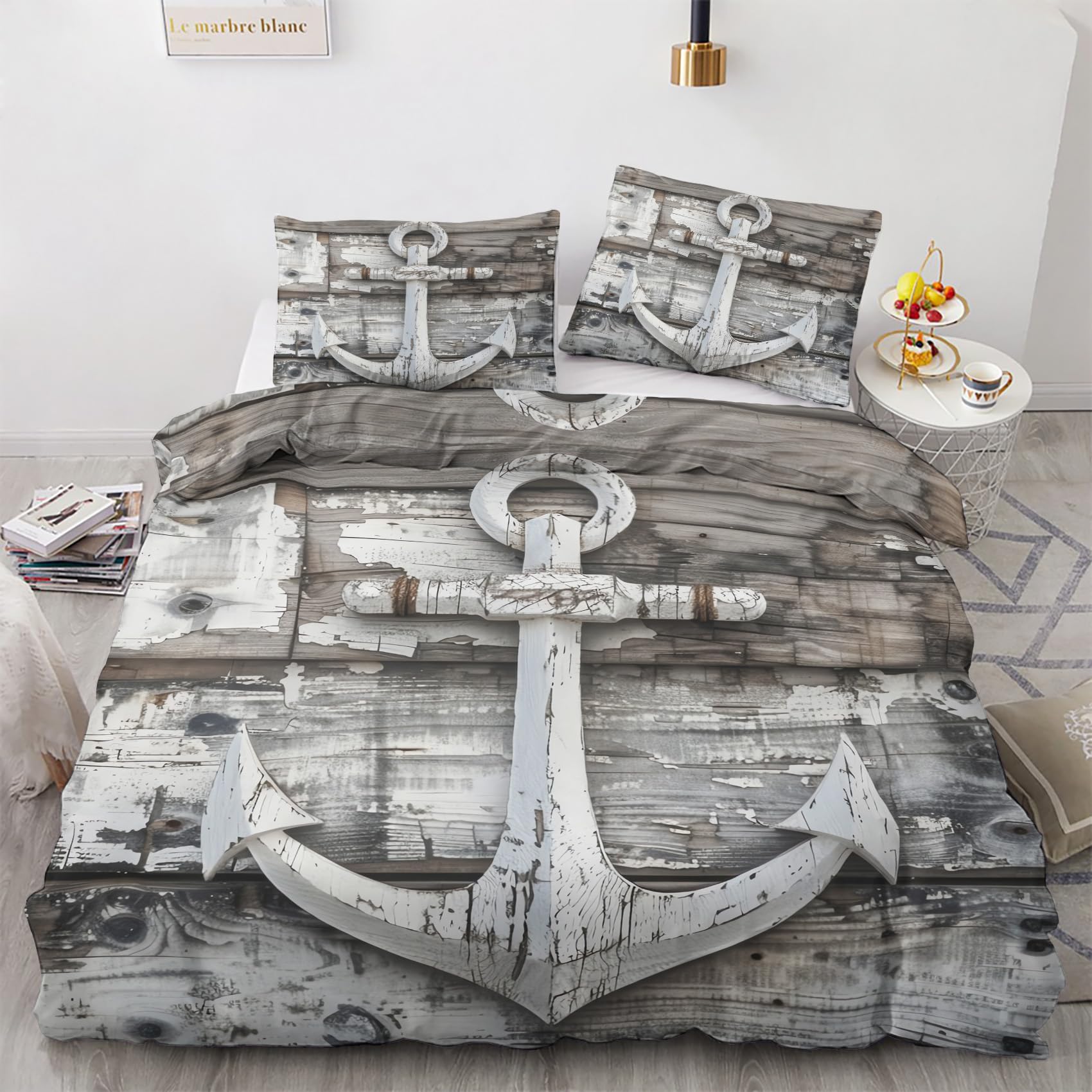 Anchor Duvet Cover California King Size, Nautical Themed Ocean Pattern Bedding Set 3 Piece for Bedroom Decor, Navigation Duvet Cover & 2 Pillow Shams, with Zipper & Ties, Super Soft Microfiber