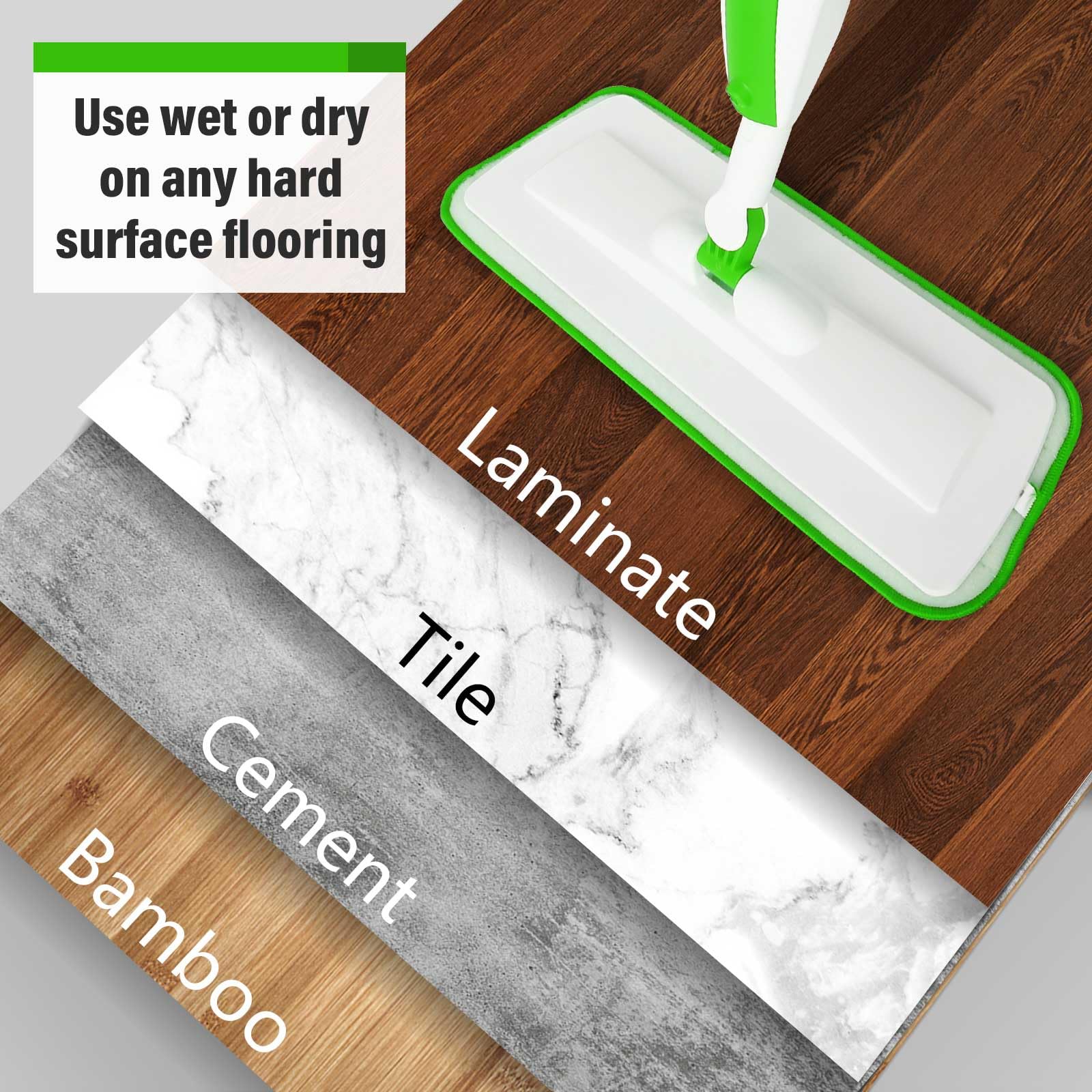 Mops for Floor Cleaning Wet Spray Mop, 14 oz Refillable Bottle and 3 Washable Microfiber Pads Home or Commercial Use Dry Wet Flat Mop for Hardwood Laminate Wood Ceramic, Green