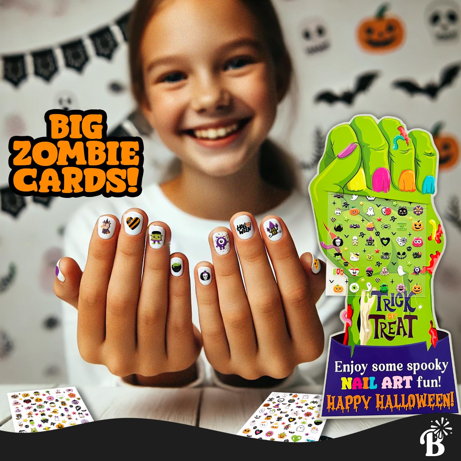 Halloween Nail Stickers+ Cards Non Candy Halloween Party Favors for Girls Treats Bulk, Halloween Goody Bag Stuffers, Halloween Birthday Girl Party Gifts Prizes Trick Girly Halloween Party Supplies