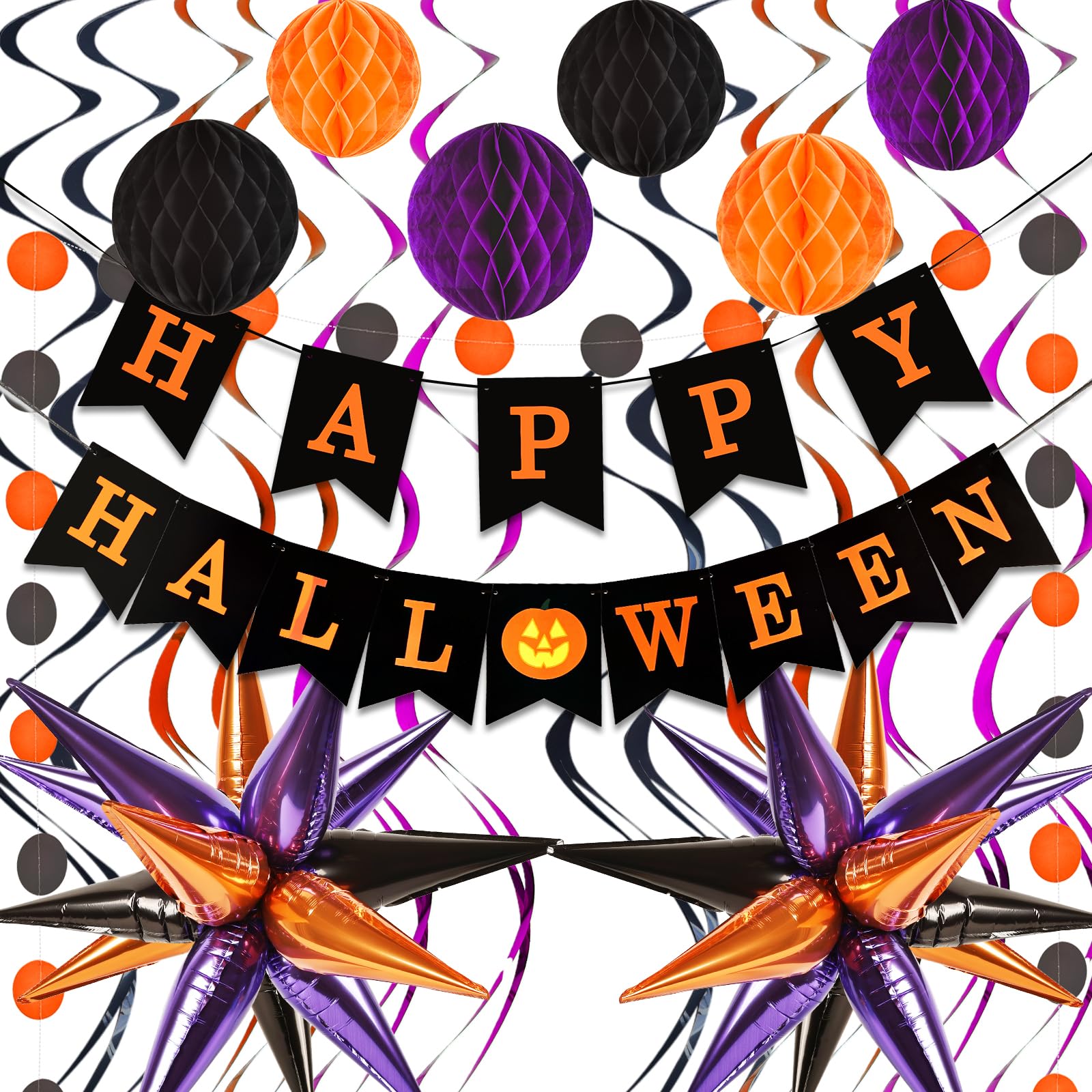 Happy Halloween Banner Decorations Kit with Star Balloons Honeycomb Balls Metallic Hanging Swirls Circle Dot Garland for Halloween Party Decorations