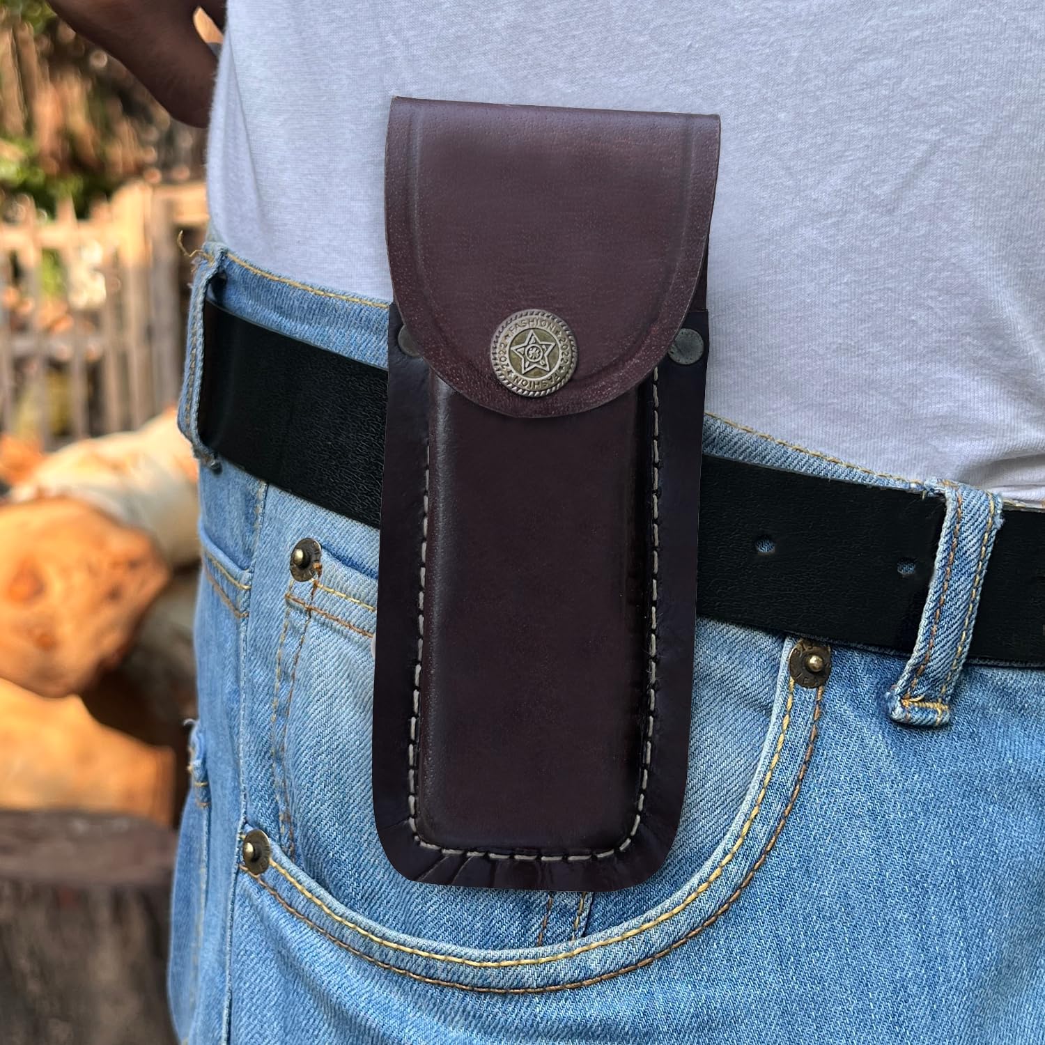 LEATHUX Leather Knife Sheath for Belt, Handmade 5.5” Folding Knife Buck 112 & Buck 110 Sheath, Pocket Knife Holster, Brown