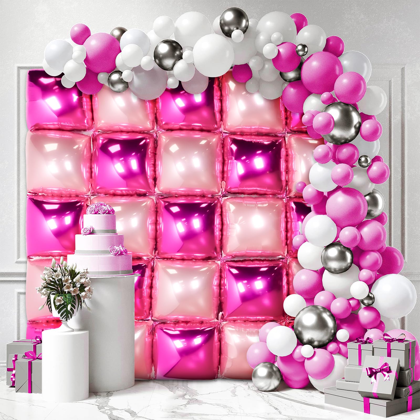 Foil Balloons Pink Balloon Wall - Shimmer Foil Balloons Wall Square Pink Balloons Wall Backdrop Pink Balloons for Girls Birthday Baby Shower Wedding Bridal Shower Pink Party Balloon Backdrop