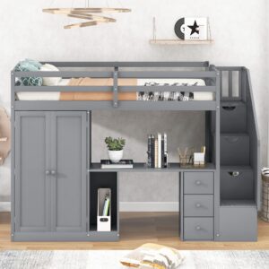 Harper & Bright Designs Twin Loft Bed with Stairs,Desk and Wardrobe, Solid Wood Loft Bed Frame with Storage Drawers, Cabinet, for Kids Teens Adults (Twin Size, Gray)