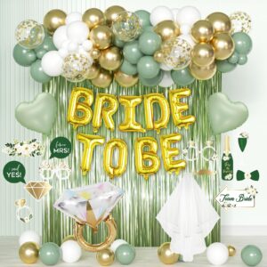 sage green bachelorette party decorations bride to be bridal shower decorations with balloons arch kit, veil, fringe curtain for bachelorette engagement wedding party favors bridal shower decor