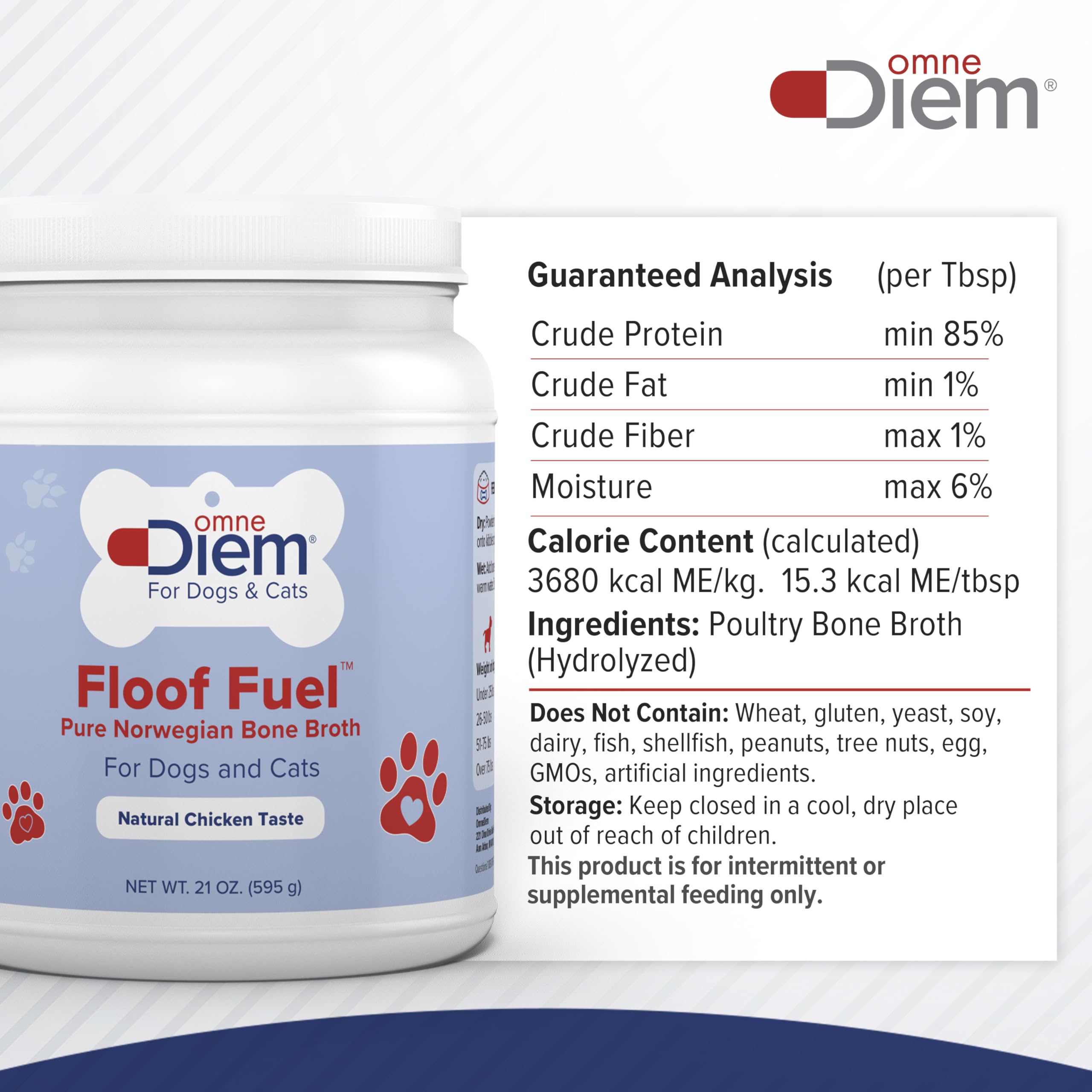 OmneDiem Floof Fuel for Cats & Dogs - Pure Norwegian Poultry Bone Broth - Pet Food Topper - Tasty Chicken Flavor, Rich in Protein - Supports The Health of The Joints, Gut, Skin & Coat - 21oz (595g)