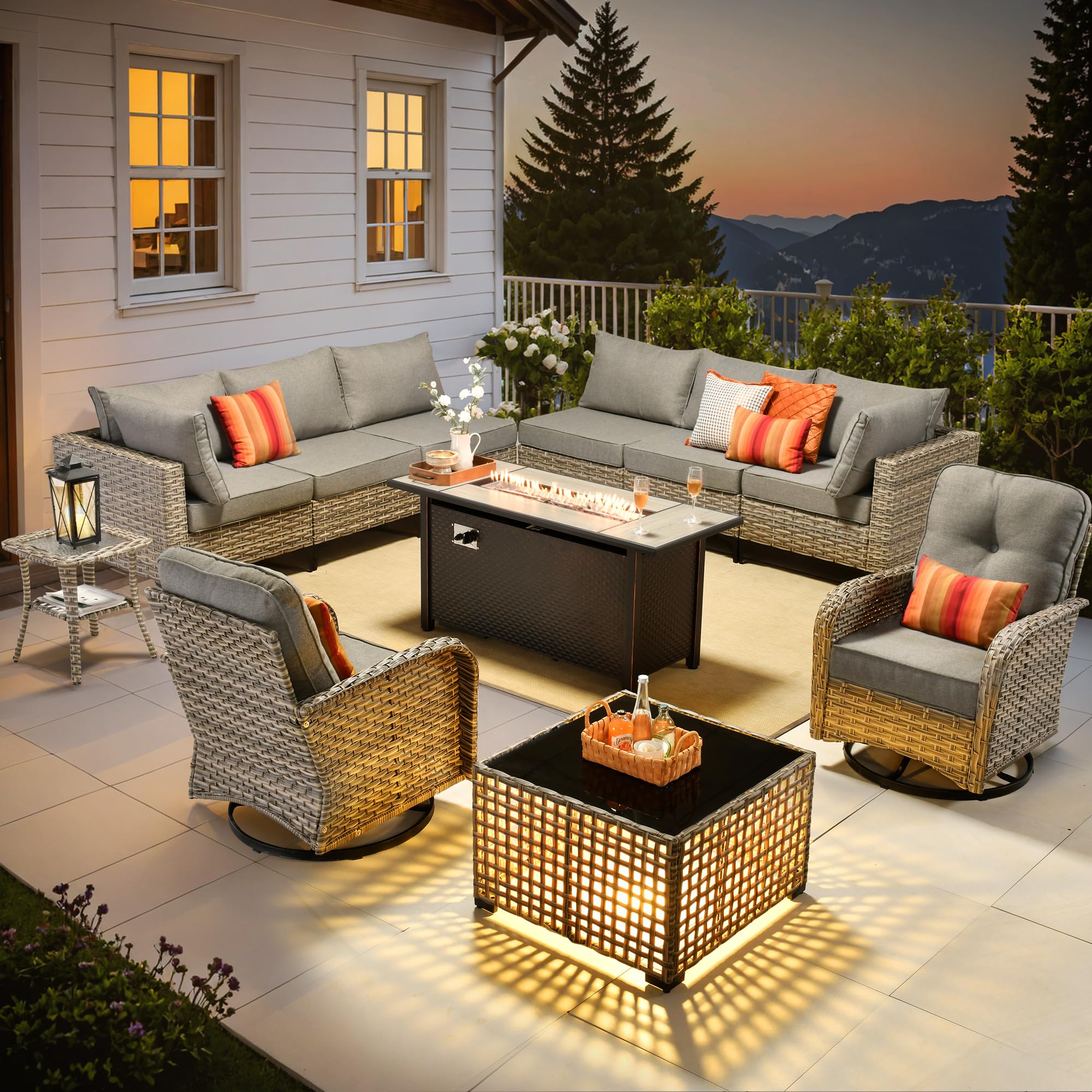 ovios 11 Pcs Patio Furniture with Fire Pit Table, Outdoor Rattan Wicker Conversation Set with Glowing Coffee Table, Comfy Sectional Sofa for Porch Balcony Backyard Pool, Grey