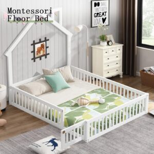 MAKIAAP Full Size Montessori Floor Bed Frame with 12 Inches Height Safety Guardrails and Door,Platform Bed Frame with House-Shaped Headboard for Girls, Boys, Wooden Slat Support, White