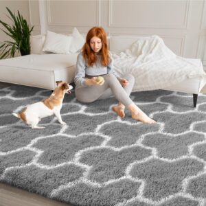 EVOIONOS Grey White Area Rugs for Living Room, 3x5 Feet Fluffy Geometric Rug for Bedroom, Plush Shaggy Soft Indoor Floor Carpet for Kids Room Home Decor, Upgrade Non Slip Washable Aesthetic Gray Rug