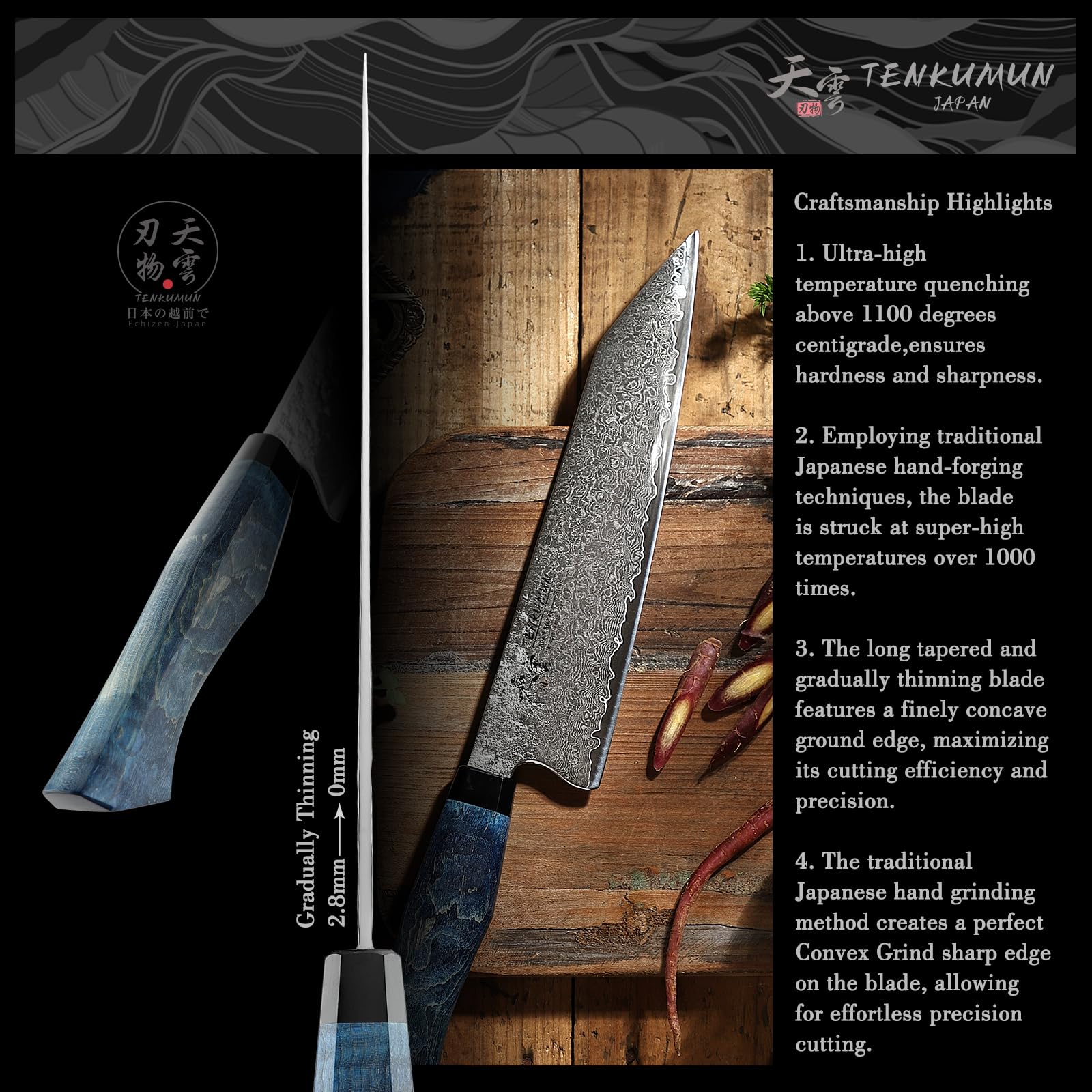 Tenkumun Japanese Gyutou 210mm Profession Kitchen Chef Knife Handcrafted 8 inch Nakri Knife Handmade Forged Knife Japan SG2 Powder Steel with Black Wood Handle…