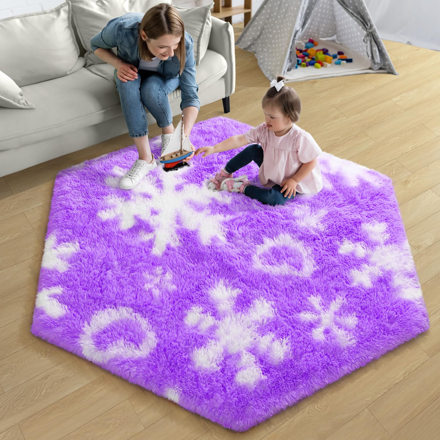 EVOIONOS Purple Princess Tent Rug, 4x4.6 Feet Purple Rugs for Girls Bedroom, Fluffy Purple Snowflake Rug for Room Decor, Plush Carpet for Kids Room Playroom Nursery Decor, Cute Hexagon Purple Rugs