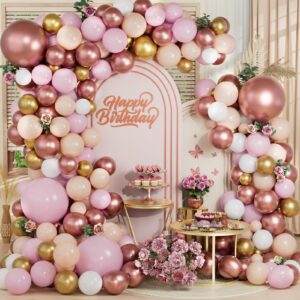 rose gold balloon garland arch kit, light pink pale and yellowish white gold metallic latex matte balloons for wedding bridal shower girls birthday bachelorette party princess baby shower decorations