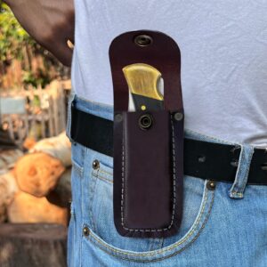 LEATHUX Leather Knife Sheath for Belt, Handmade 5.5” Folding Knife Buck 112 & Buck 110 Sheath, Pocket Knife Holster, Brown