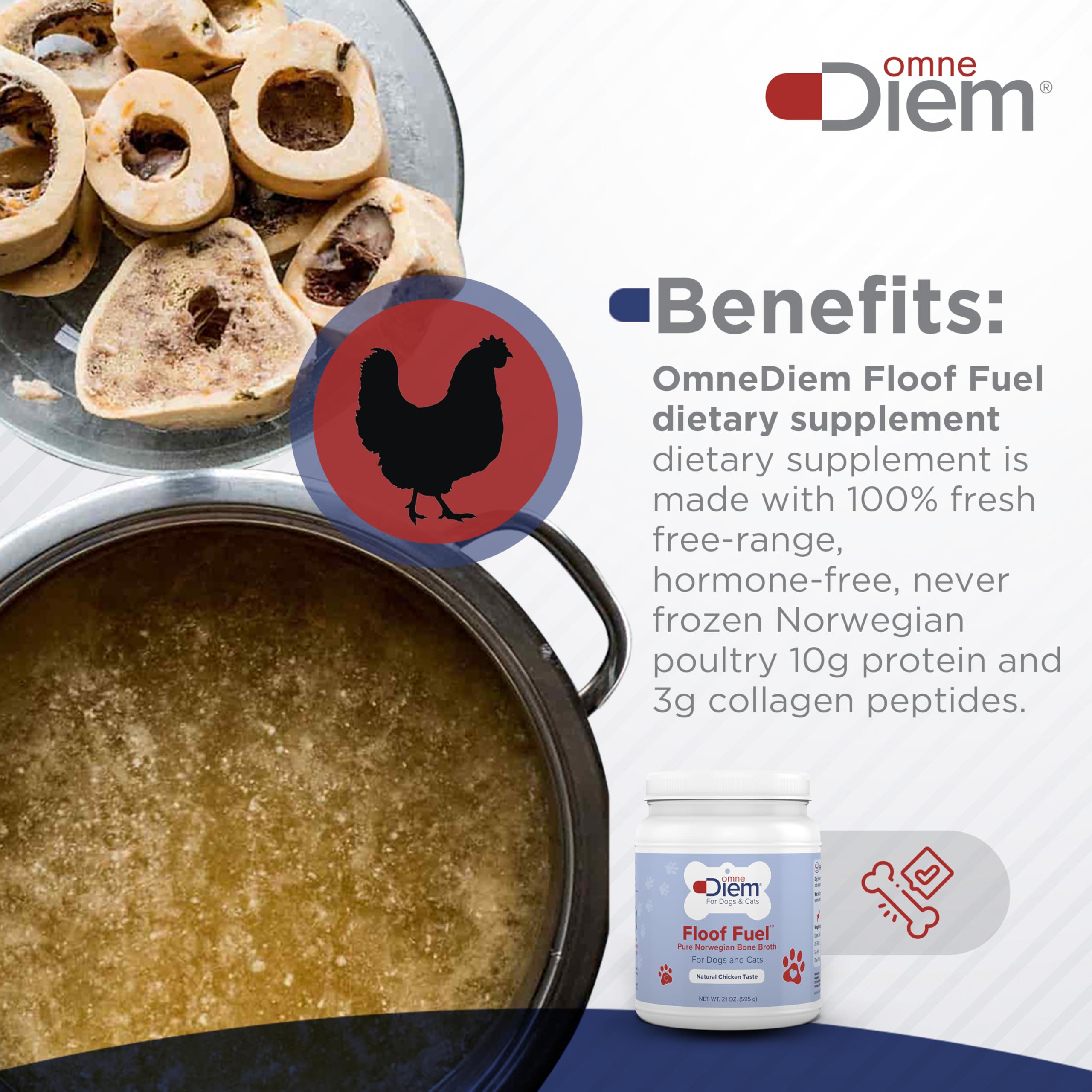 OmneDiem Floof Fuel for Cats & Dogs - Pure Norwegian Poultry Bone Broth - Pet Food Topper - Tasty Chicken Flavor, Rich in Protein - Supports The Health of The Joints, Gut, Skin & Coat - 21oz (595g)