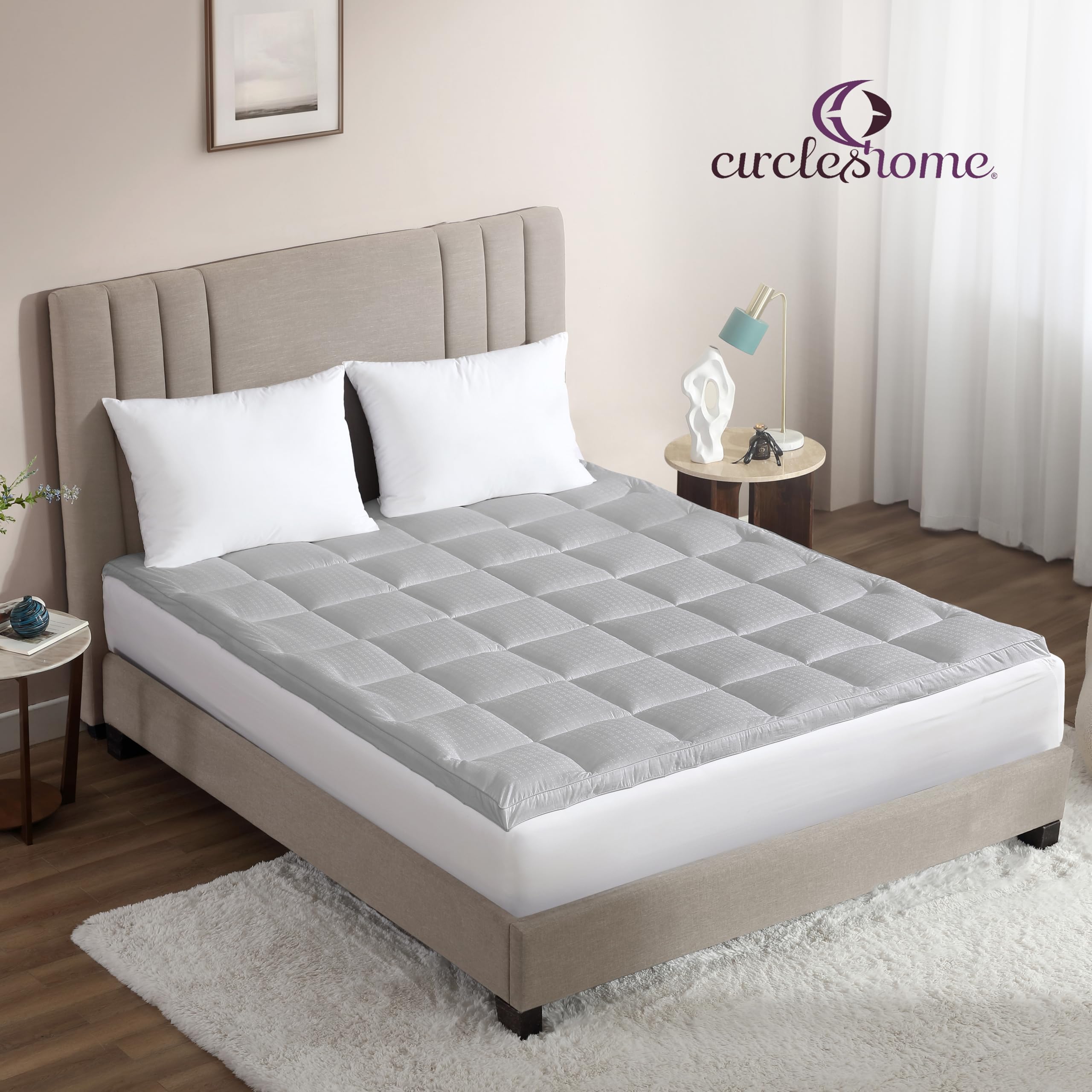 CirclesHome Mattress Pad - Queen Size Mattress Topper with Anti-Slip Anchors - 100% Cotton Filled with Alternative Down Filling - Soft Feel, Comfortable, Breatheable, and Assists with Back Relief