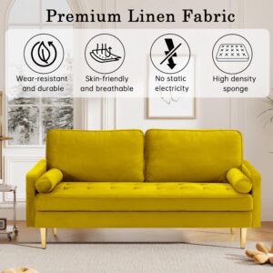 SZLIZCCC 67" LoveSeat Sofa, Love Seat Couch, Mid Century Modern Couchs Velvet Fabric Pull Dot Design Sofas with Two Round Pillows for Small Spaces, Living Room, Dorm, Bedroom, Apartment (67 Yellow)