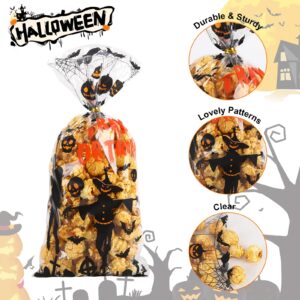 GURVOCY 100PCS Halloween Cellophane Treat Bags with 100pcs Twists, Halloween Goodie bags Candy bags for Snacks Popcorn Cookies Halloween Party Supplies