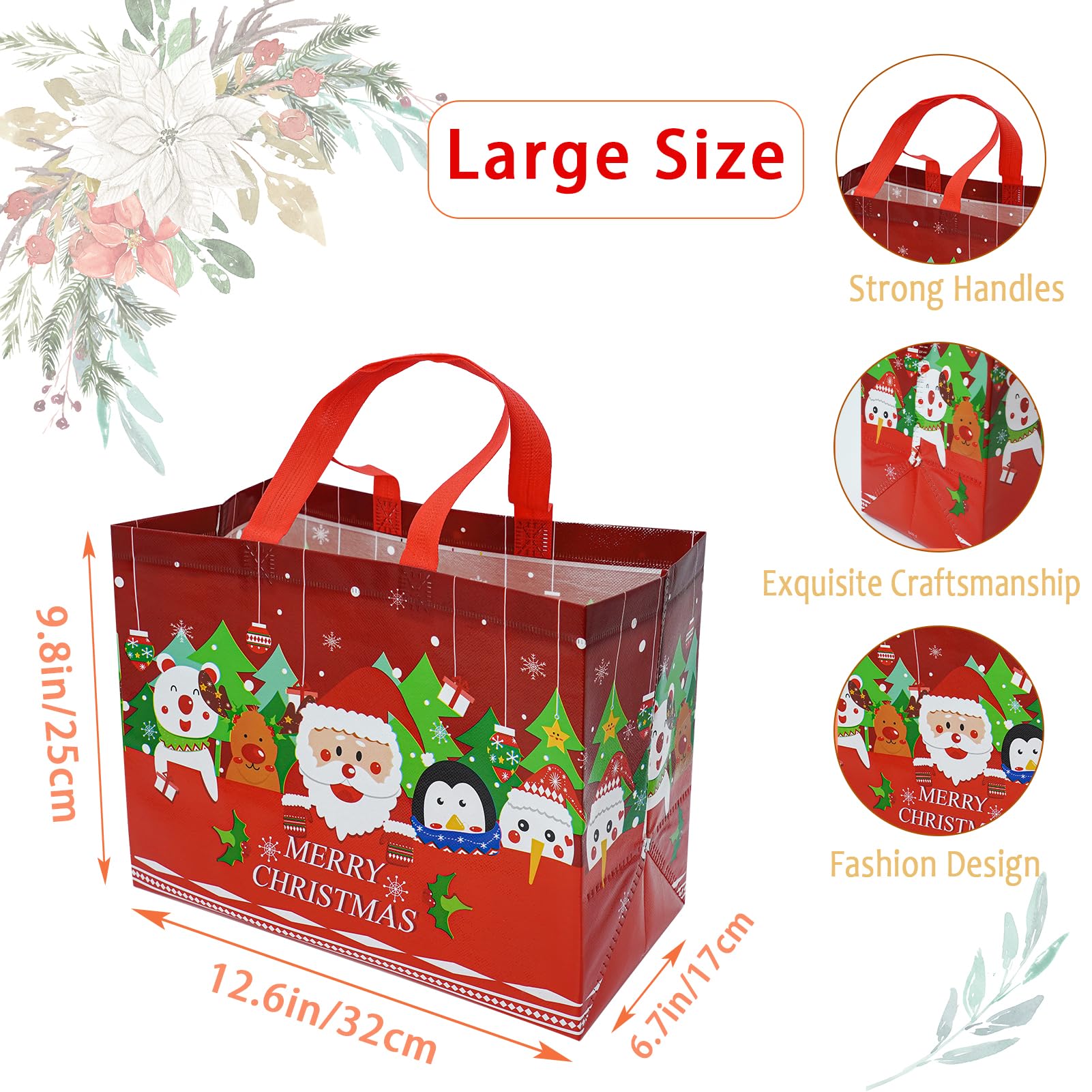 Christmas Gift Bags Tote-Bag with Handles - 12 Pack Reusable Non-Woven Xmas Party Supplies Presents Holiday Santa Claus Merry Christmas Pattern for New Year's Shopping L12.6"xH9.8"xW6.7" (32x25x17cm)